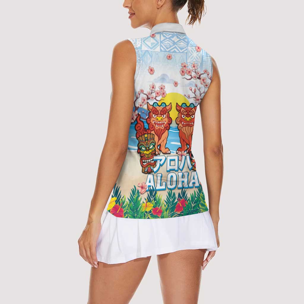 Hawaii And Japan Okinawa Women Sleeveless Polo Shirt Aloha Gozaimasu Tiki With Shisa LT05 - Polynesian Pride