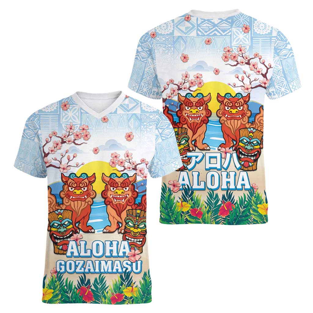 Hawaii And Japan Okinawa Women V-Neck T-Shirt Aloha Gozaimasu Tiki With Shisa