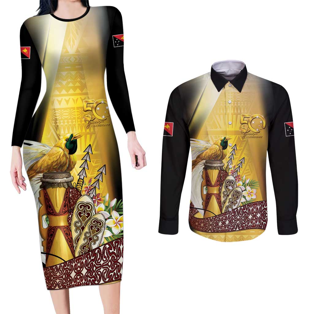 Papua New Guinea Couples Matching Long Sleeve Bodycon Dress and Long Sleeve Button Shirt 50 Years Of Independence LT05 Gold - Polynesian Pride