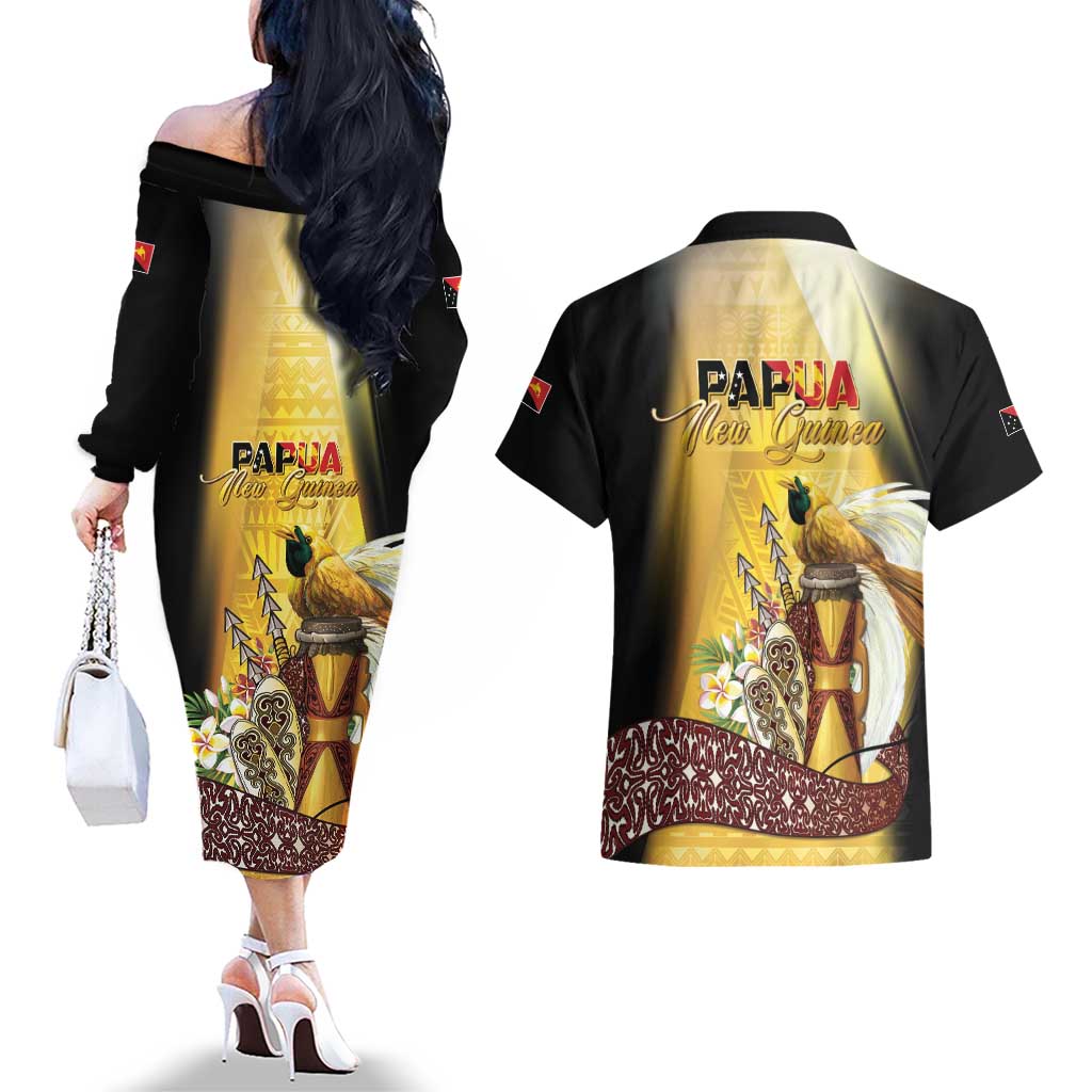 Papua New Guinea Couples Matching Off The Shoulder Long Sleeve Dress and Hawaiian Shirt 50 Years Of Independence LT05 - Polynesian Pride