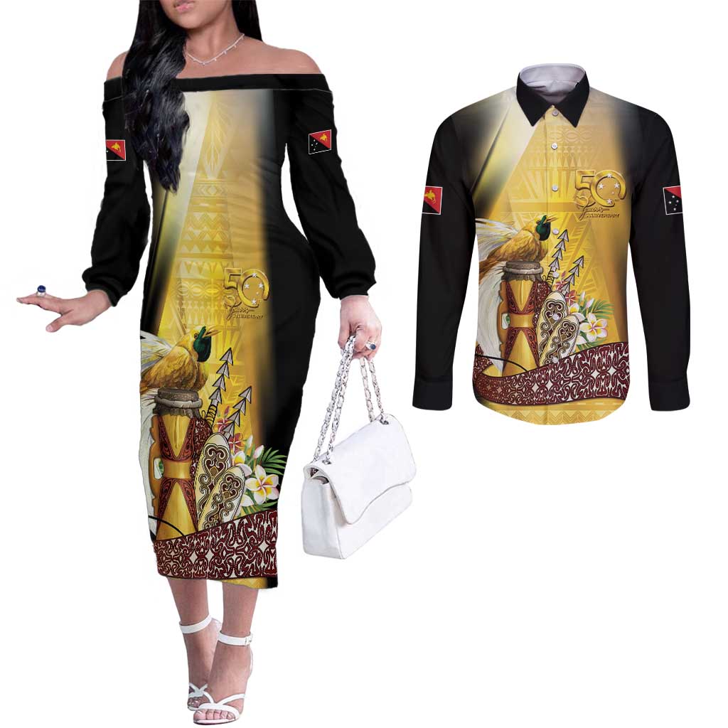 Papua New Guinea Couples Matching Off The Shoulder Long Sleeve Dress and Long Sleeve Button Shirt 50 Years Of Independence LT05 Gold - Polynesian Pride