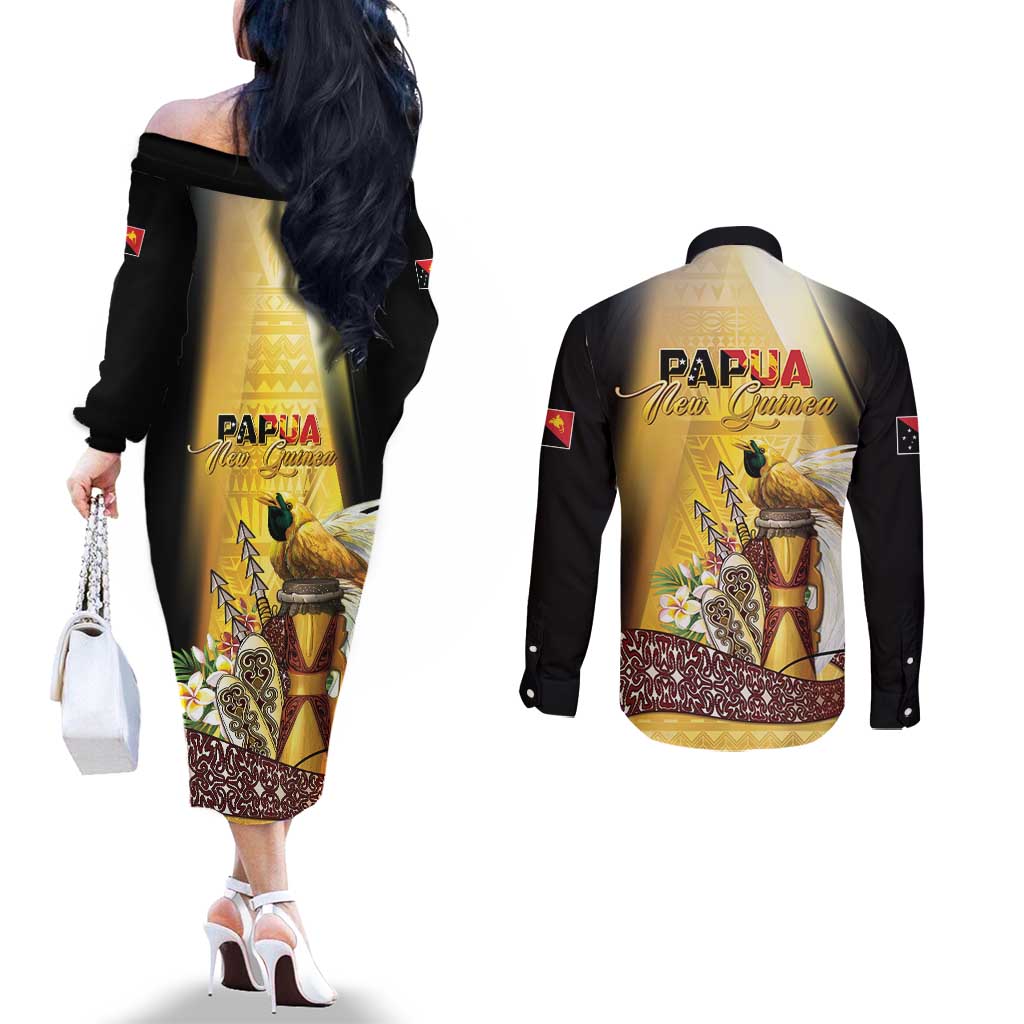 Papua New Guinea Couples Matching Off The Shoulder Long Sleeve Dress and Long Sleeve Button Shirt 50 Years Of Independence LT05 - Polynesian Pride
