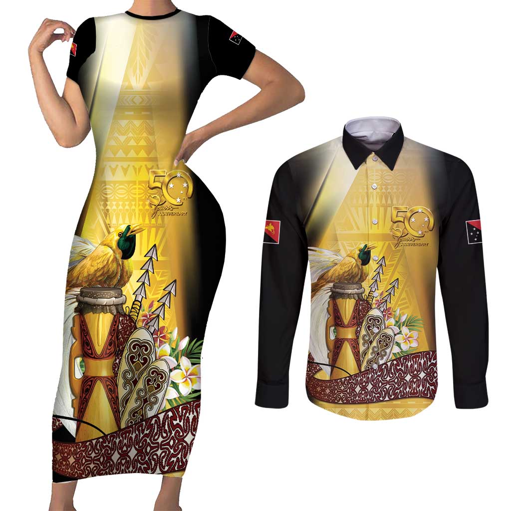 Papua New Guinea Couples Matching Short Sleeve Bodycon Dress and Long Sleeve Button Shirt 50 Years Of Independence LT05 Gold - Polynesian Pride