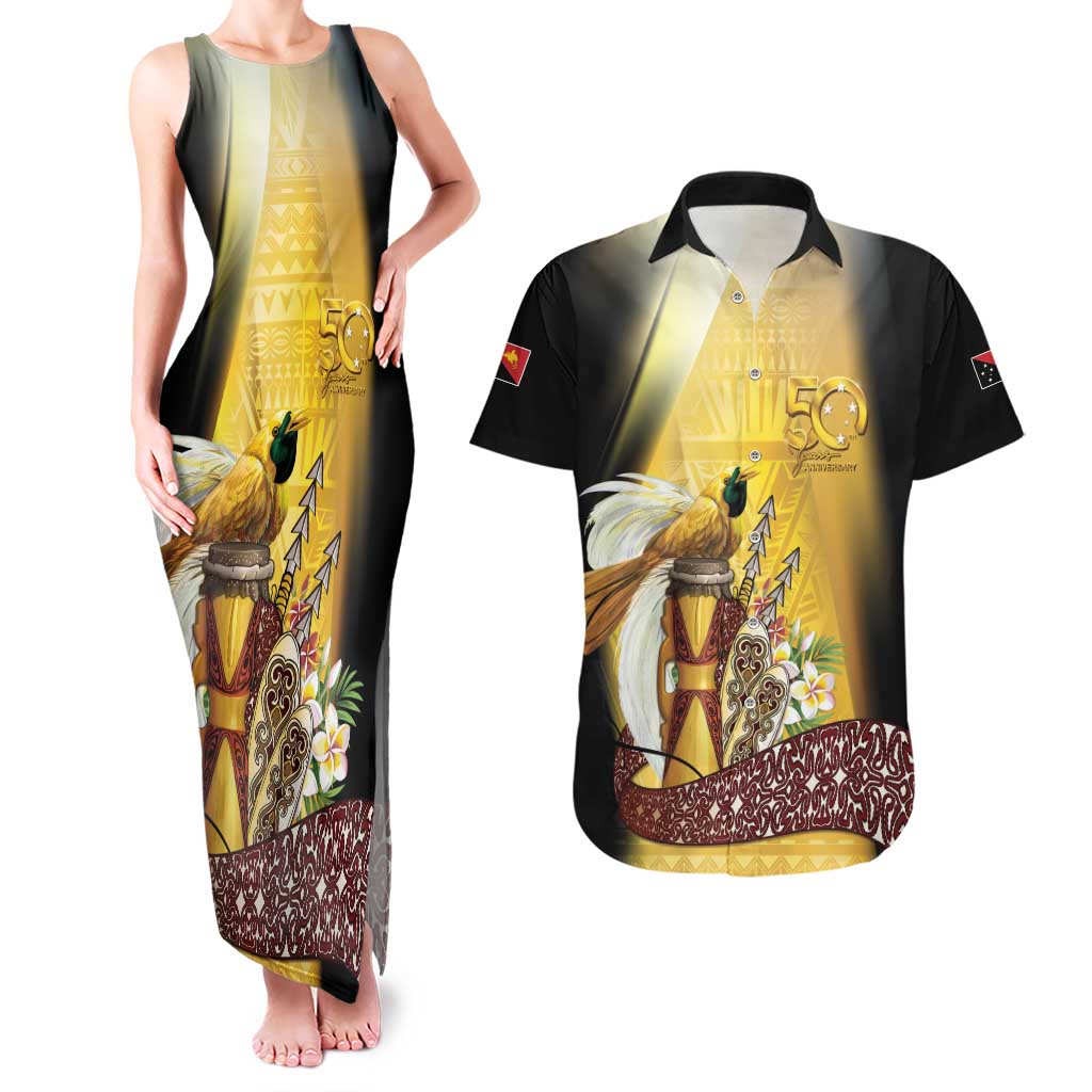 Papua New Guinea Couples Matching Tank Maxi Dress and Hawaiian Shirt 50 Years Of Independence LT05 Gold - Polynesian Pride