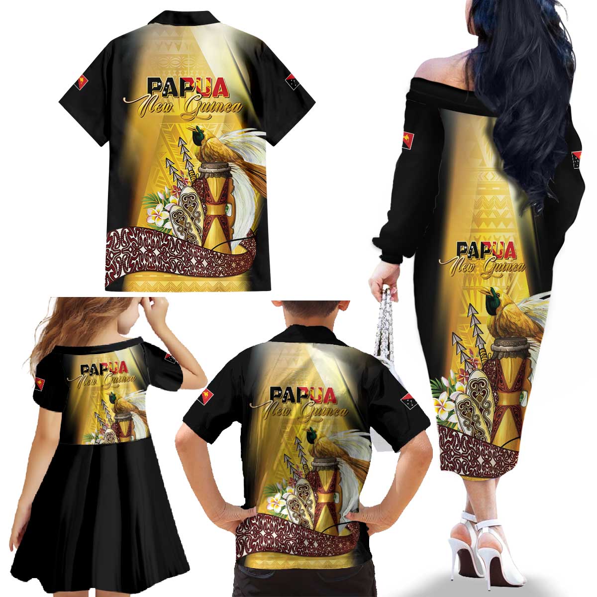 Papua New Guinea Family Matching Off The Shoulder Long Sleeve Dress and Hawaiian Shirt 50 Years Of Independence LT05 - Polynesian Pride