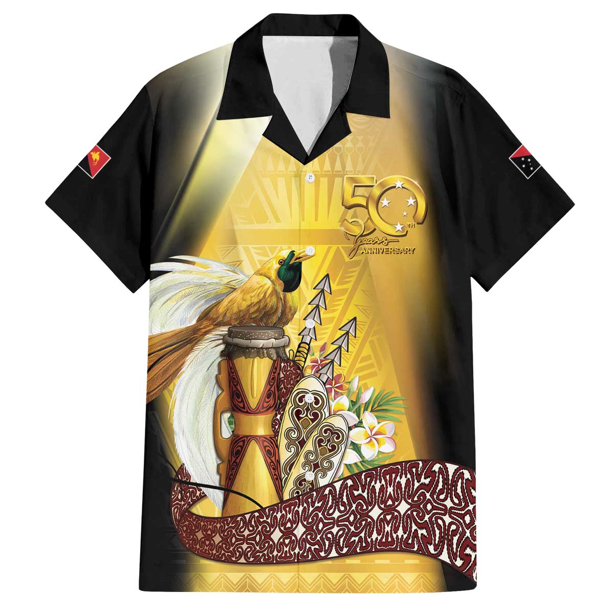 Papua New Guinea Family Matching Off The Shoulder Long Sleeve Dress and Hawaiian Shirt 50 Years Of Independence LT05 Dad's Shirt - Short Sleeve Gold - Polynesian Pride