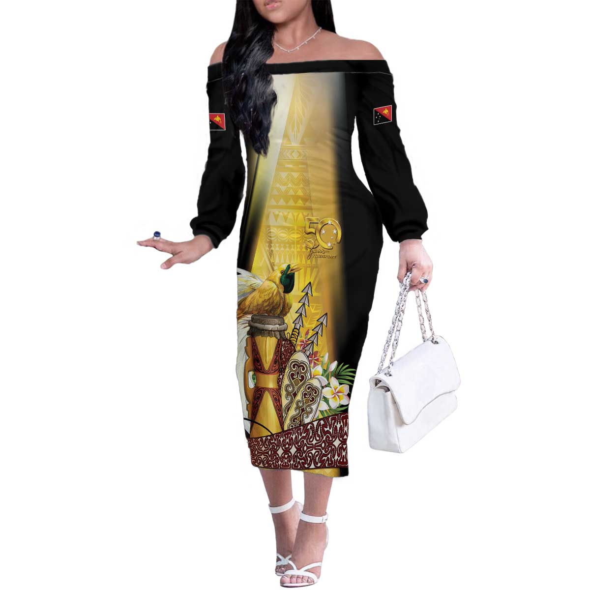 Papua New Guinea Family Matching Off The Shoulder Long Sleeve Dress and Hawaiian Shirt 50 Years Of Independence LT05 Mom's Dress Gold - Polynesian Pride