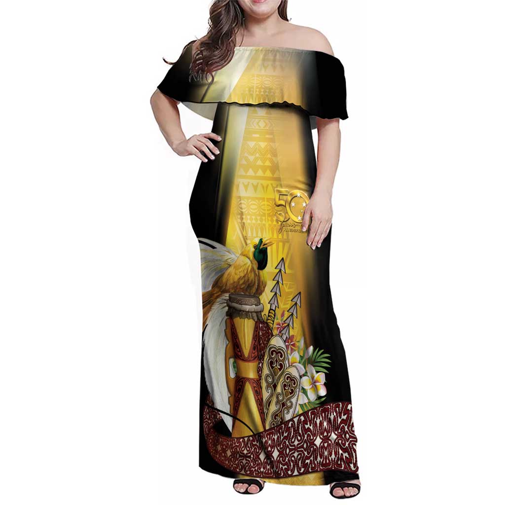Papua New Guinea Family Matching Off Shoulder Maxi Dress and Hawaiian Shirt 50 Years Of Independence LT05 Mom's Dress Gold - Polynesian Pride