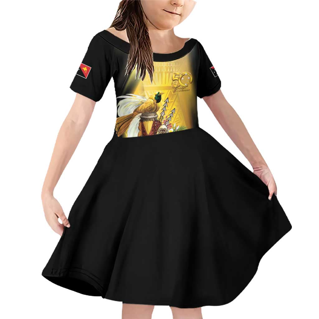 Papua New Guinea Family Matching Off Shoulder Short Dress and Hawaiian Shirt 50 Years Of Independence LT05 Daughter's Dress Gold - Polynesian Pride
