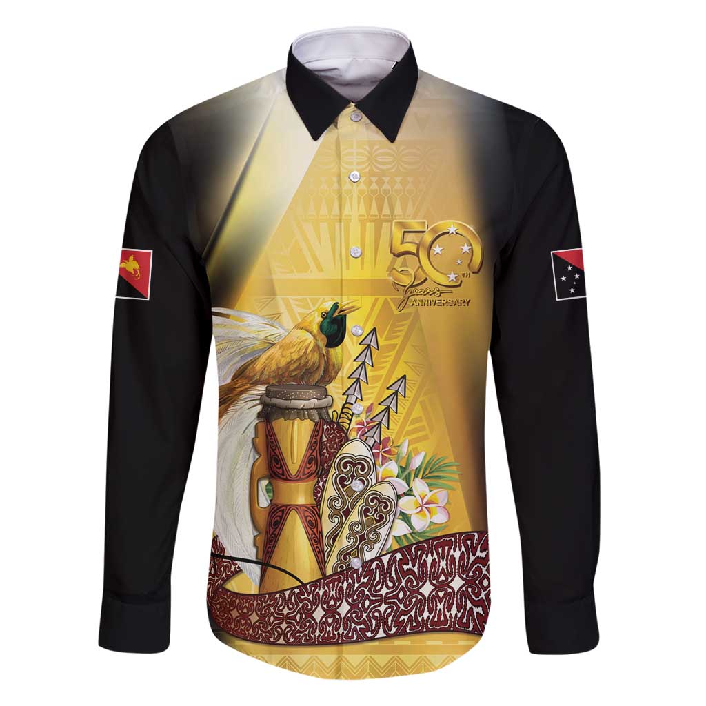 Papua New Guinea Family Matching Summer Maxi Dress and Hawaiian Shirt 50 Years Of Independence LT05 Dad's Shirt - Long Sleeve Gold - Polynesian Pride