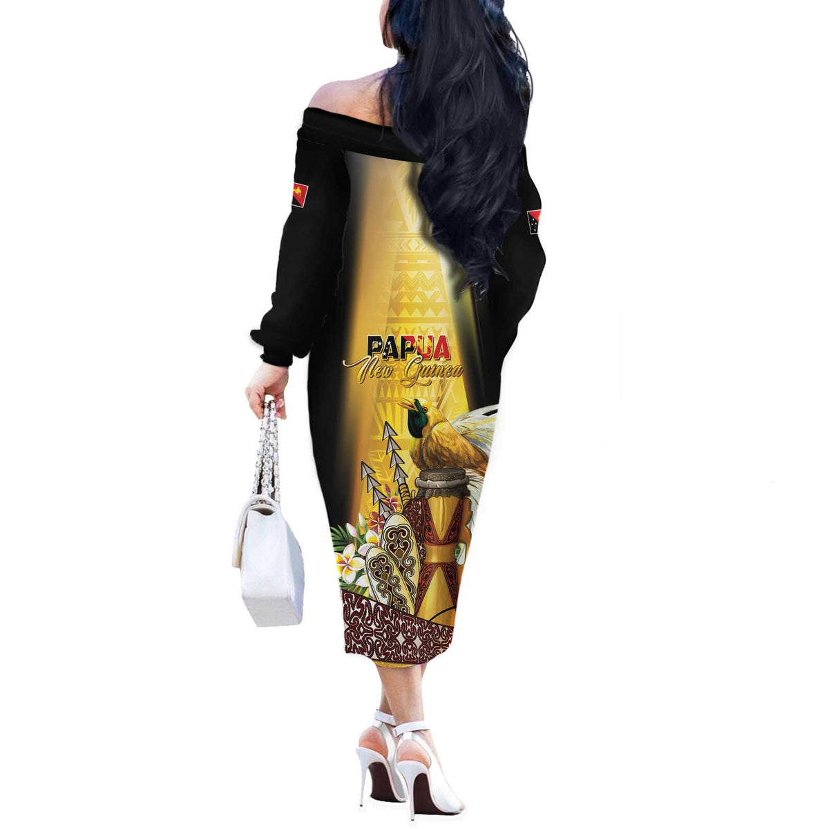 Papua New Guinea Off The Shoulder Long Sleeve Dress 50 Years Of Independence - Polynesian Pride