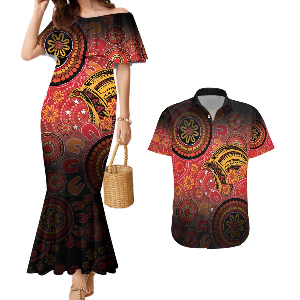 Papua New Guinea Couples Matching Mermaid Dress and Hawaiian Shirt Birds Of Paradise With Aboriginal Pattern - Polynesian Pride
