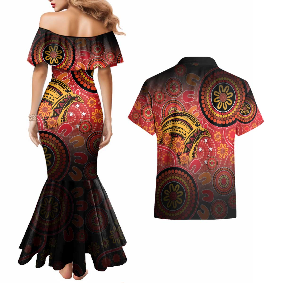 Papua New Guinea Couples Matching Mermaid Dress and Hawaiian Shirt Birds Of Paradise With Aboriginal Pattern - Polynesian Pride