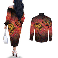 Papua New Guinea Couples Matching Off The Shoulder Long Sleeve Dress and Long Sleeve Button Shirt Birds Of Paradise With Aboriginal Pattern - Polynesian Pride