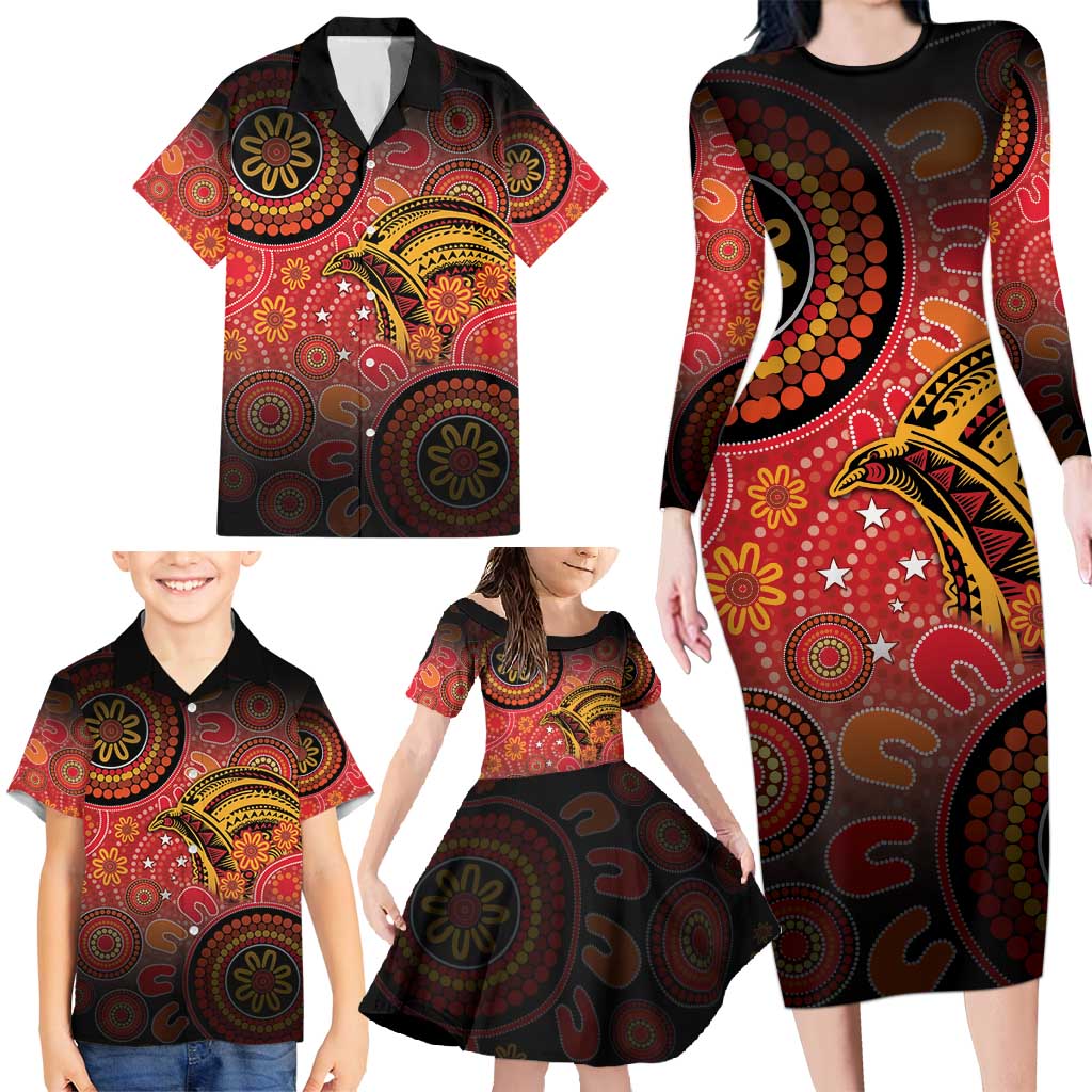 Papua New Guinea Family Matching Long Sleeve Bodycon Dress and Hawaiian Shirt Birds Of Paradise With Aboriginal Pattern LT05 - Polynesian Pride