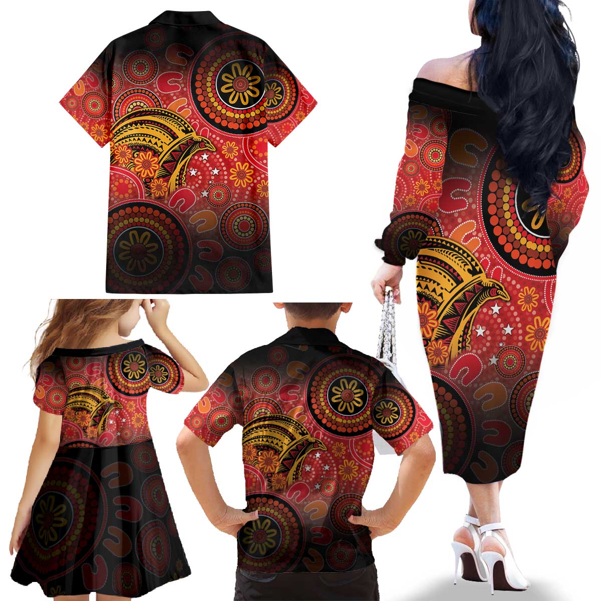 Papua New Guinea Family Matching Off The Shoulder Long Sleeve Dress and Hawaiian Shirt Birds Of Paradise With Aboriginal Pattern LT05 - Polynesian Pride