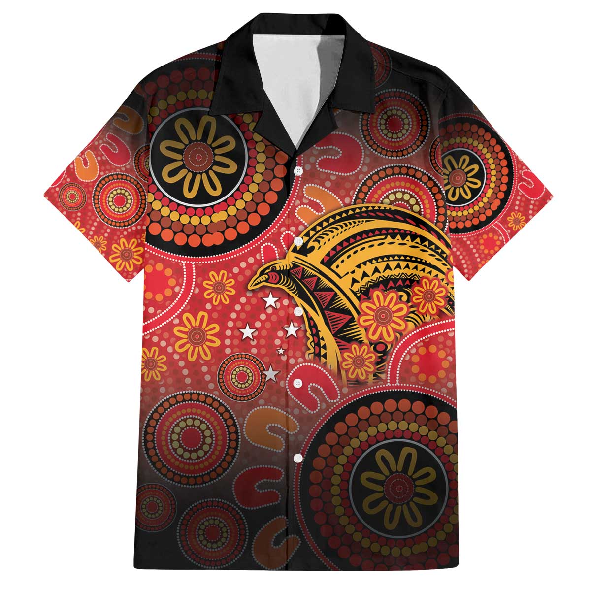 Papua New Guinea Family Matching Off The Shoulder Long Sleeve Dress and Hawaiian Shirt Birds Of Paradise With Aboriginal Pattern LT05 Dad's Shirt - Short Sleeve Red - Polynesian Pride