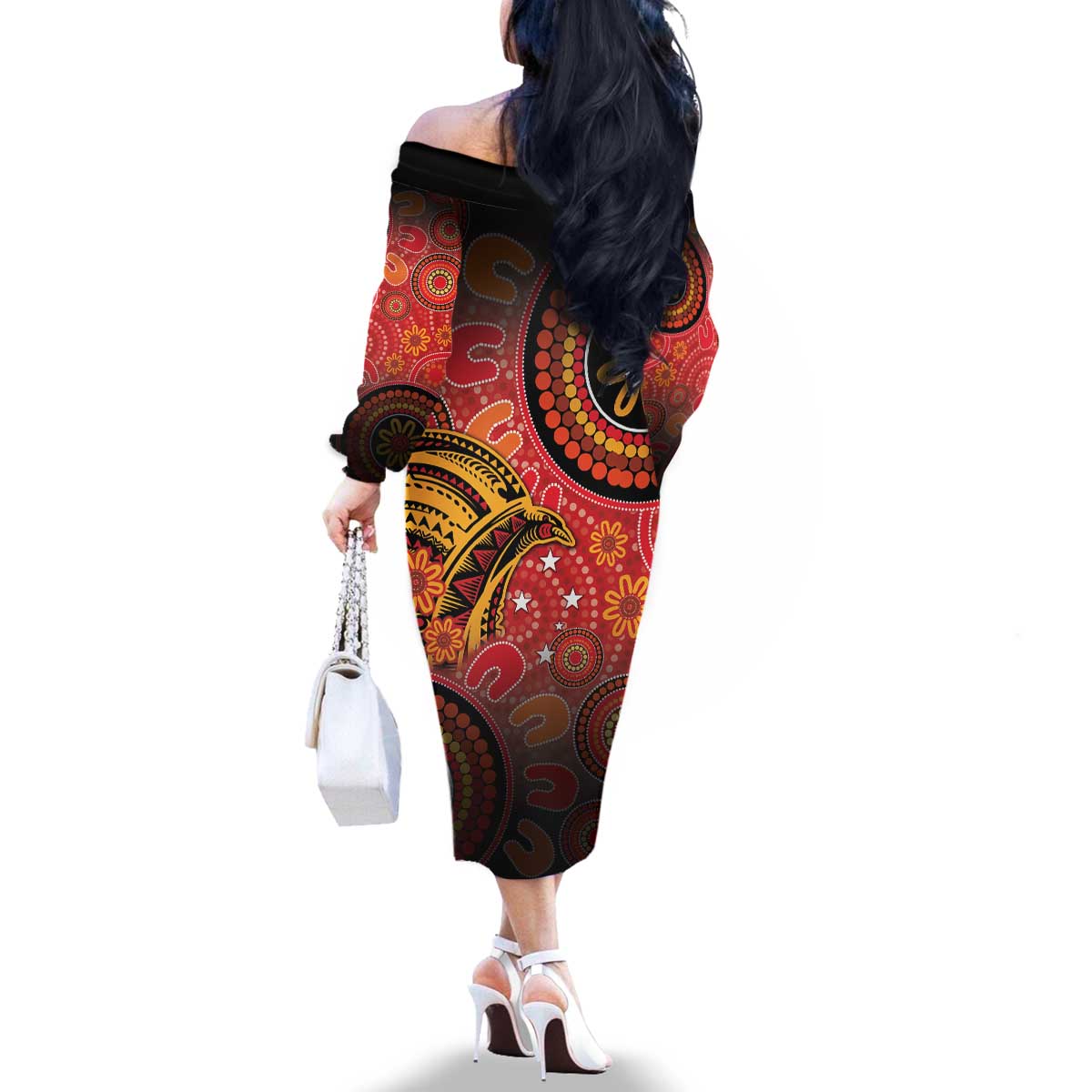 Papua New Guinea Family Matching Off The Shoulder Long Sleeve Dress and Hawaiian Shirt Birds Of Paradise With Aboriginal Pattern LT05 - Polynesian Pride