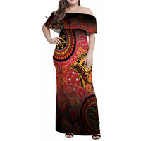 Papua New Guinea Family Matching Off Shoulder Maxi Dress and Hawaiian Shirt Birds Of Paradise With Aboriginal Pattern LT05 Mom's Dress Red - Polynesian Pride