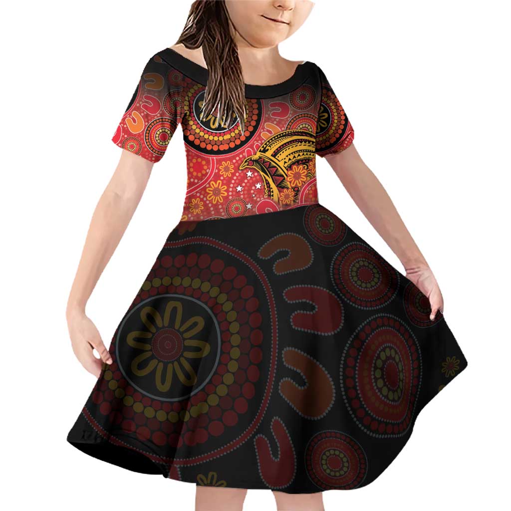 Papua New Guinea Family Matching Off Shoulder Short Dress and Hawaiian Shirt Birds Of Paradise With Aboriginal Pattern LT05 Daughter's Dress Red - Polynesian Pride