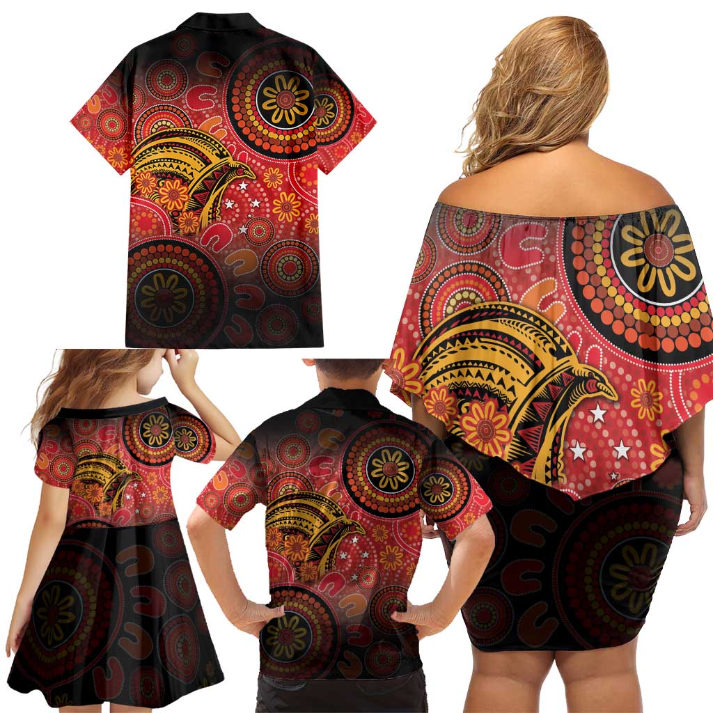 Papua New Guinea Family Matching Off Shoulder Short Dress and Hawaiian Shirt Birds Of Paradise With Aboriginal Pattern LT05 - Polynesian Pride