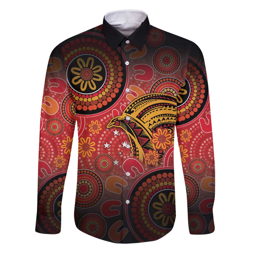 Papua New Guinea Family Matching Off Shoulder Short Dress and Hawaiian Shirt Birds Of Paradise With Aboriginal Pattern LT05 Dad's Shirt - Long Sleeve Red - Polynesian Pride