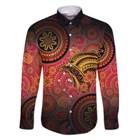 Papua New Guinea Family Matching Off Shoulder Short Dress and Hawaiian Shirt Birds Of Paradise With Aboriginal Pattern LT05 Dad's Shirt - Long Sleeve Red - Polynesian Pride