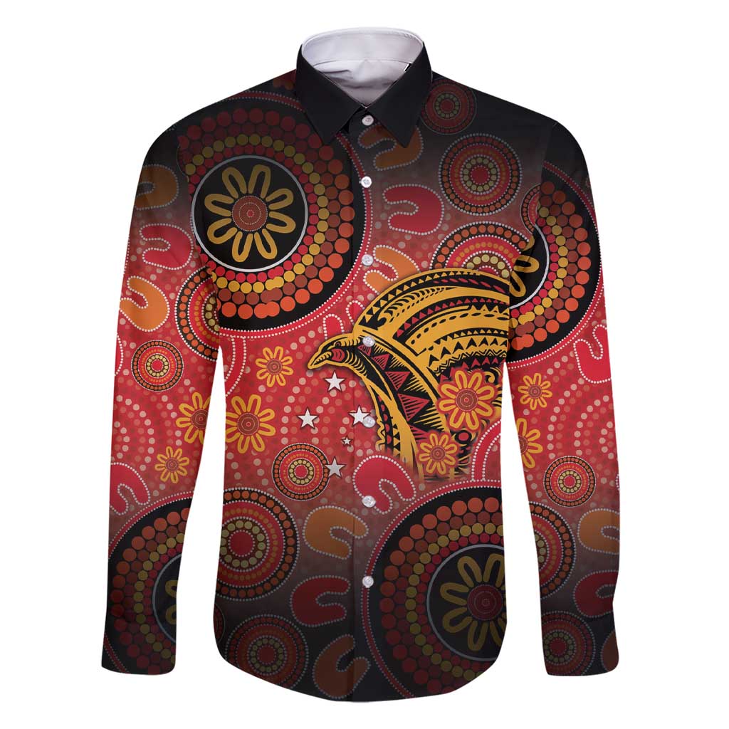Papua New Guinea Family Matching Short Sleeve Bodycon Dress and Hawaiian Shirt Birds Of Paradise With Aboriginal Pattern LT05 Dad's Shirt - Long Sleeve Red - Polynesian Pride