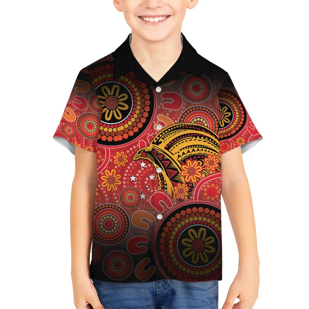 Papua New Guinea Family Matching Tank Maxi Dress and Hawaiian Shirt Birds Of Paradise With Aboriginal Pattern LT05 Son's Shirt Red - Polynesian Pride