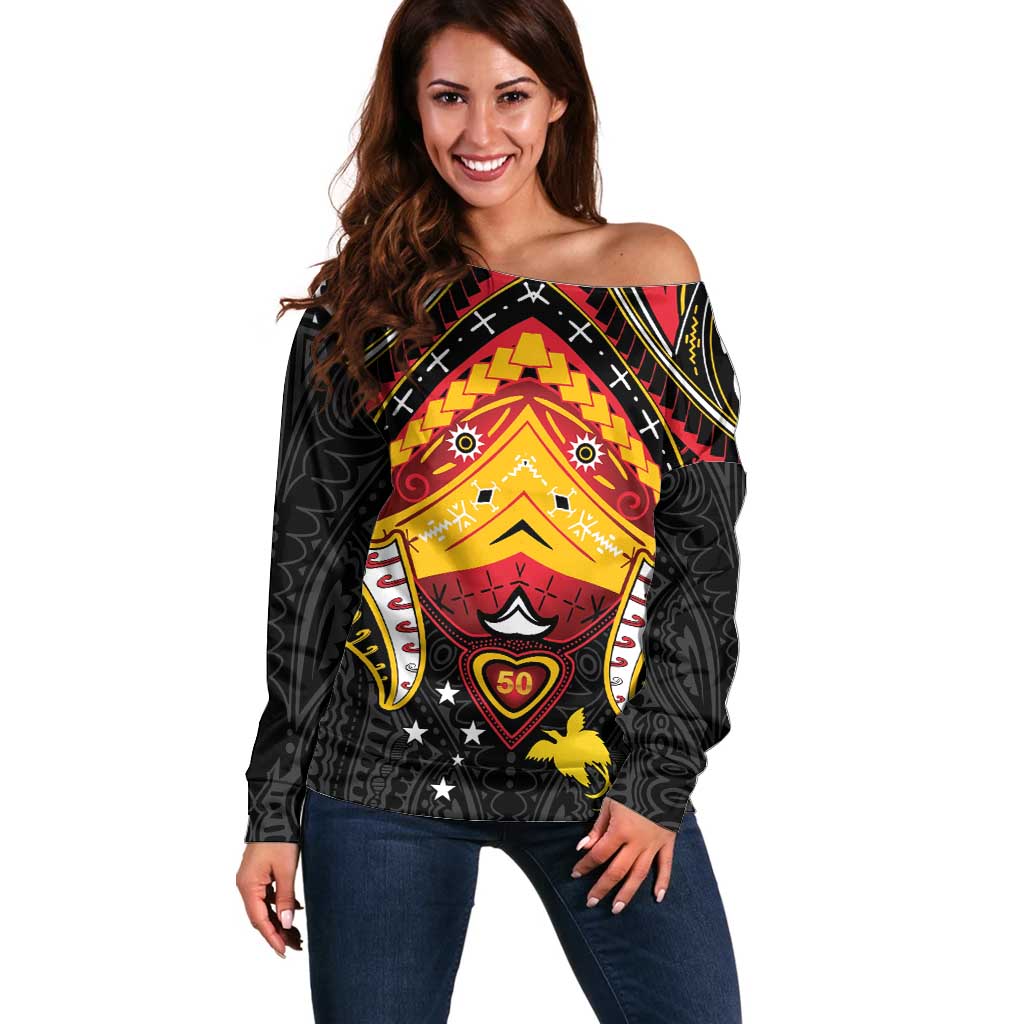 Papua New Guinea Independence Day Off Shoulder Sweater Tribal Mask - Polynesian Pride