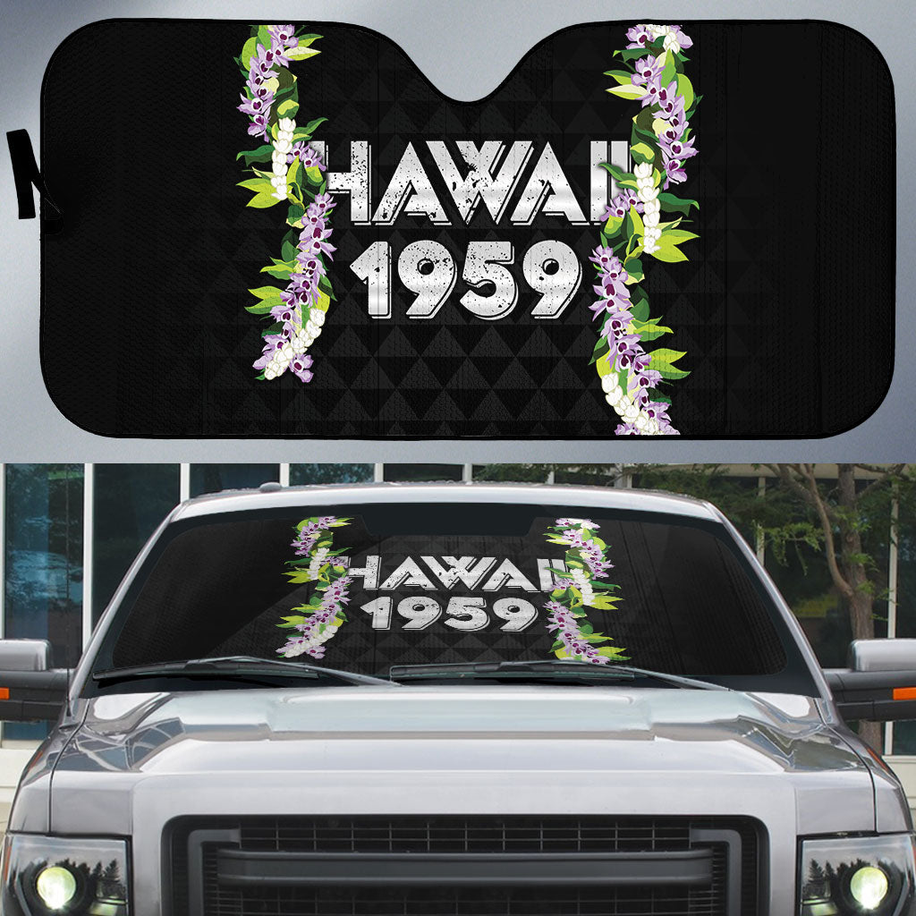 Hawaii Statehood Day Auto Sun Shade Kakau Pattern With Maile Pikake Honohono Lei