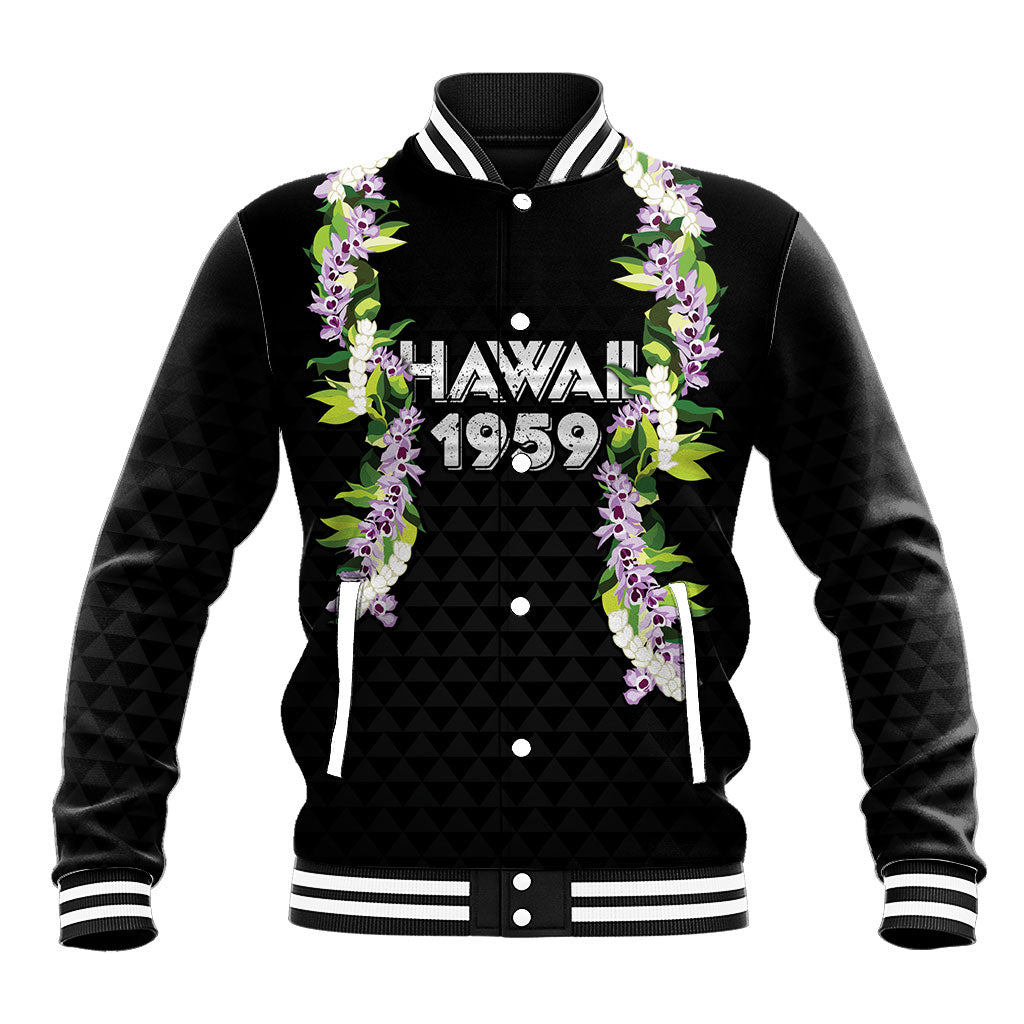 Hawaii Statehood Day Baseball Jacket Kakau Pattern With Maile Pikake Honohono Lei LT05 Unisex Black - Polynesian Pride