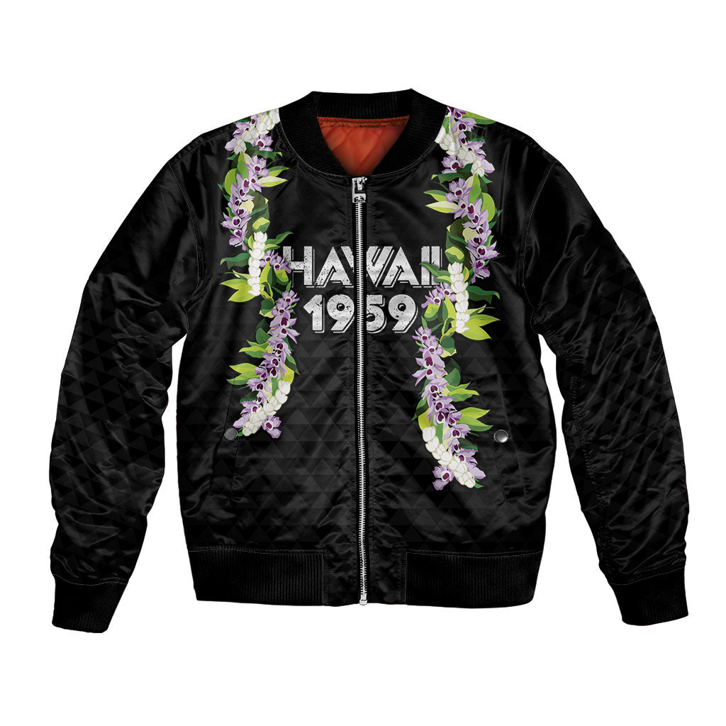 Hawaii Statehood Day Bomber Jacket Kakau Pattern With Maile Pikake Honohono Lei