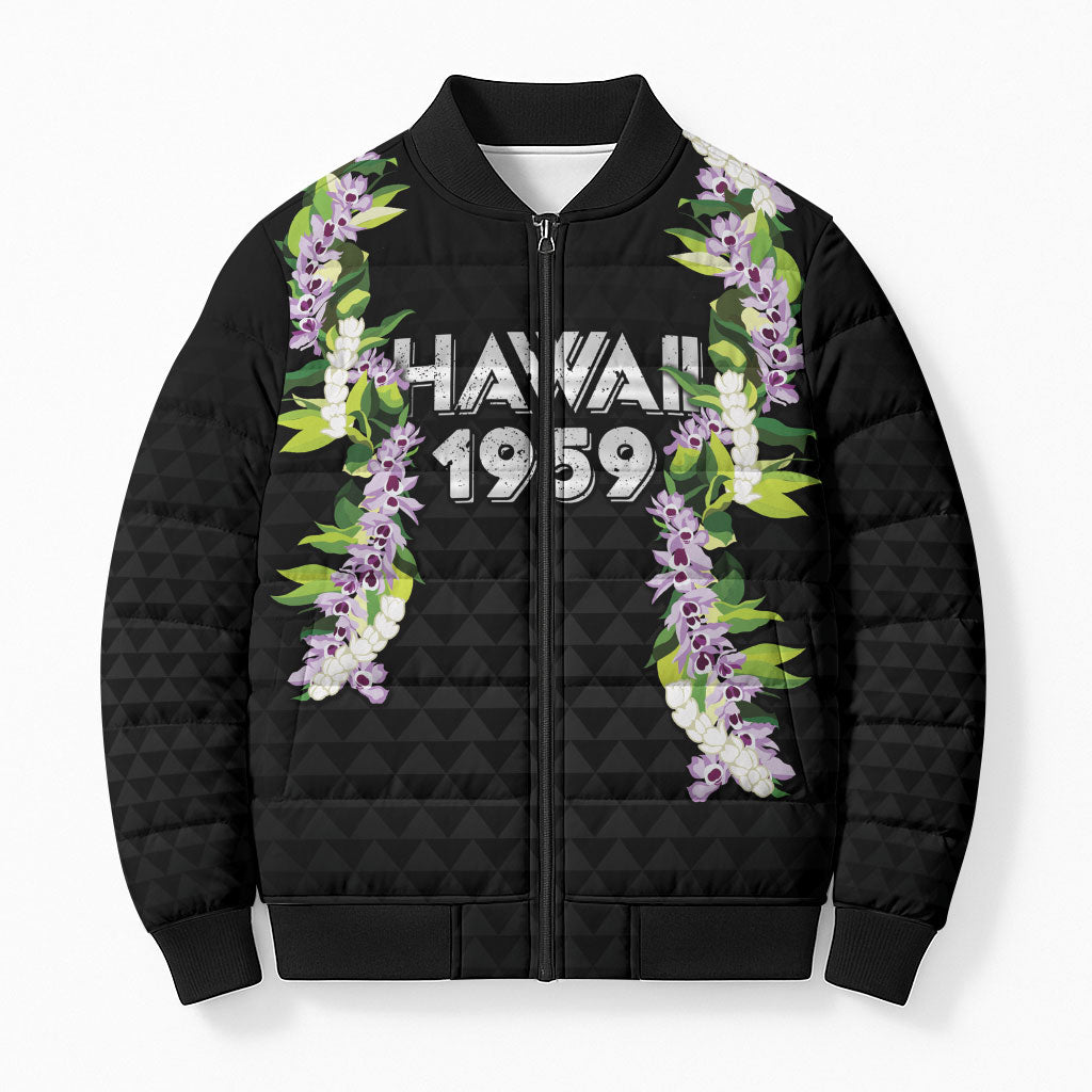 Hawaii Statehood Day Bomber Puffer Jacket Kakau Pattern With Maile Pikake Honohono Lei