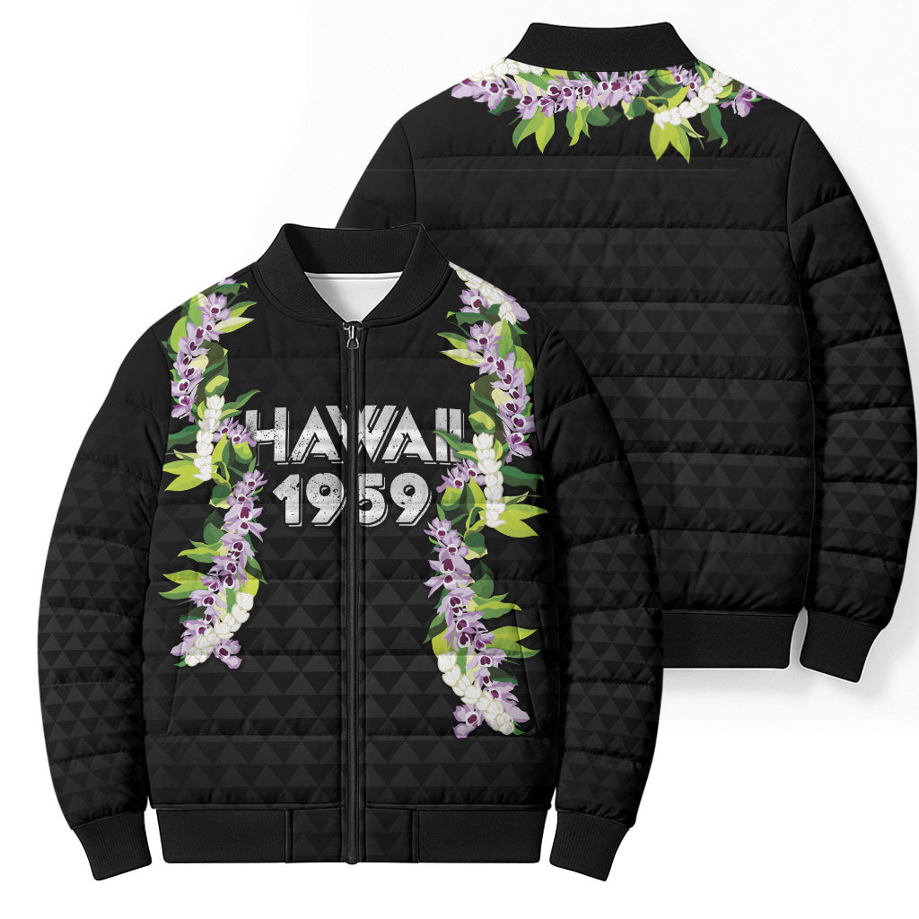 Hawaii Statehood Day Bomber Puffer Jacket Kakau Pattern With Maile Pikake Honohono Lei
