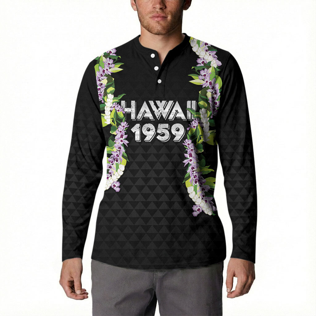 Hawaii Statehood Day Button Sweatshirt Kakau Pattern With Maile Pikake Honohono Lei