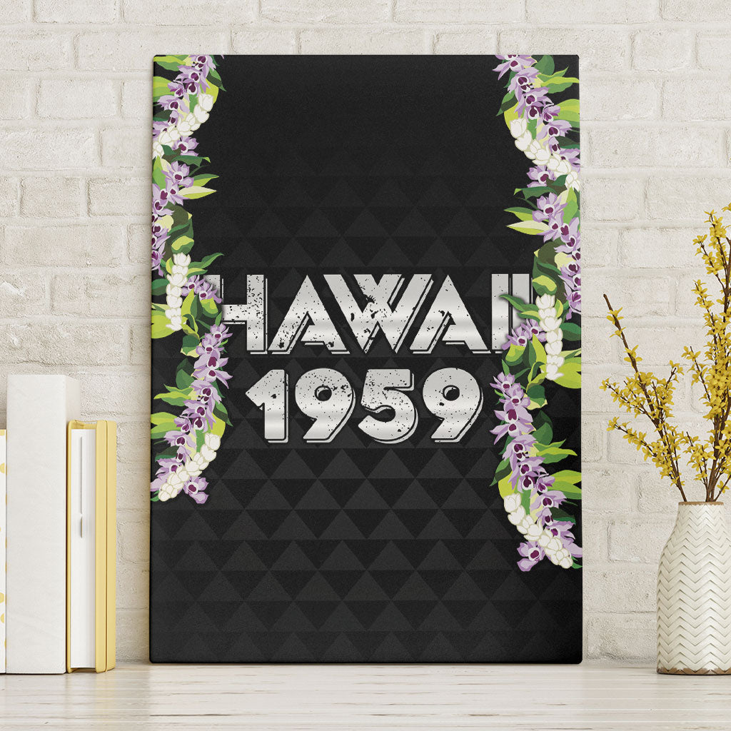 Hawaii Statehood Day Canvas Wall Art Kakau Pattern With Maile Pikake Honohono Lei LT05 Without Frame Black - Polynesian Pride