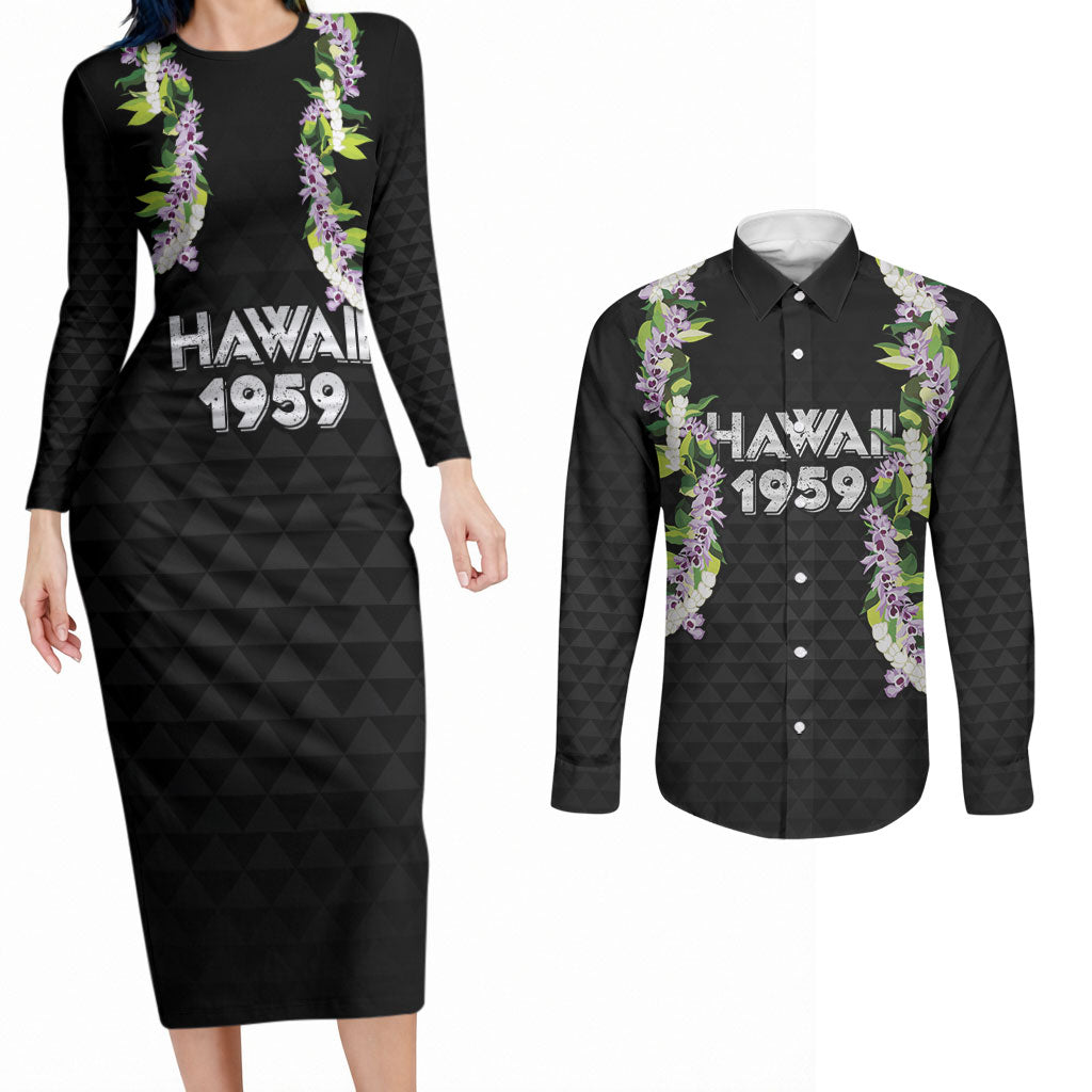 Hawaii Statehood Day Couples Matching Long Sleeve Bodycon Dress and Long Sleeve Button Shirt Kakau Pattern With Maile Pikake Honohono Lei
