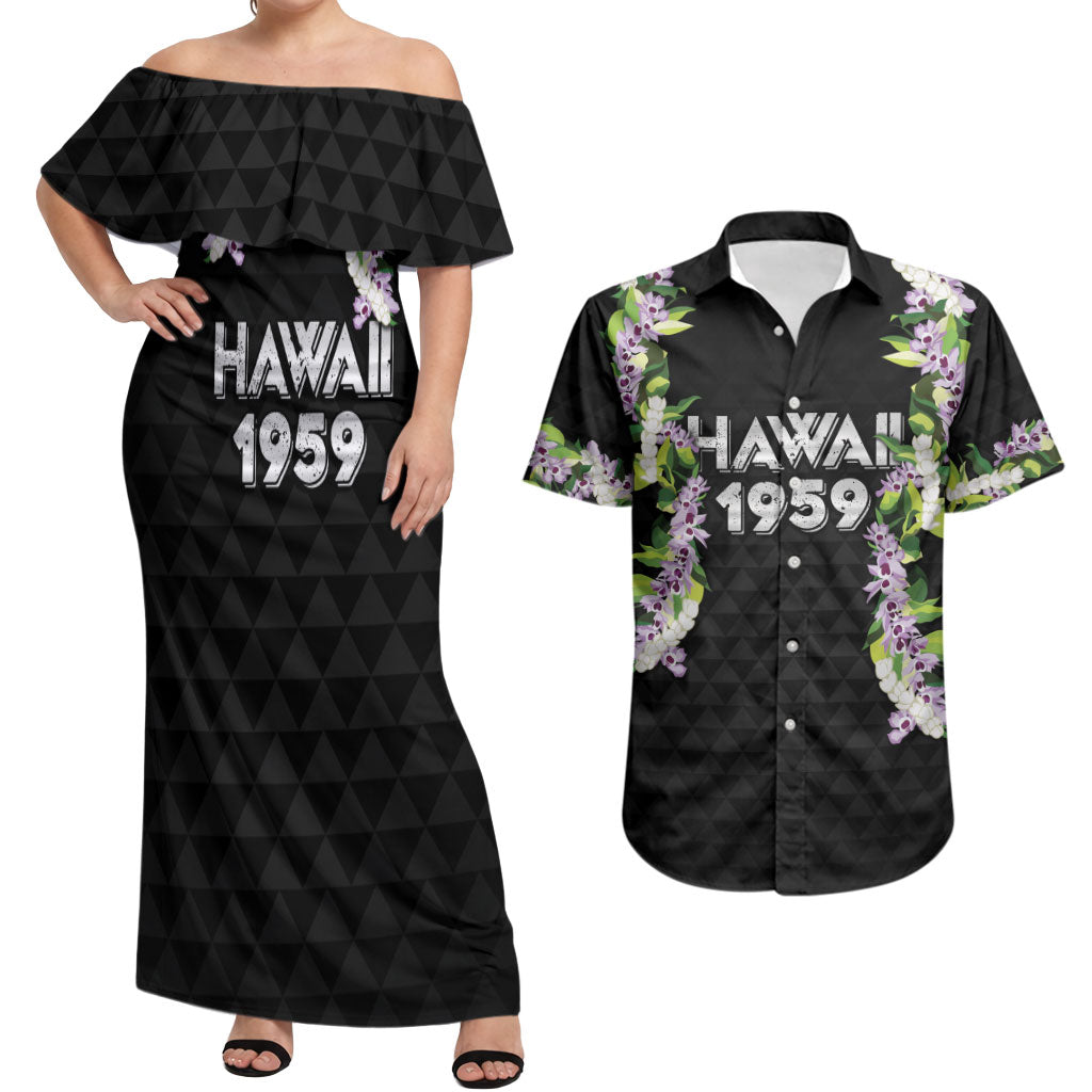 Hawaii Statehood Day Couples Matching Off Shoulder Maxi Dress and Hawaiian Shirt Kakau Pattern With Maile Pikake Honohono Lei