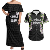 Hawaii Statehood Day Couples Matching Off Shoulder Maxi Dress and Hawaiian Shirt Kakau Pattern With Maile Pikake Honohono Lei