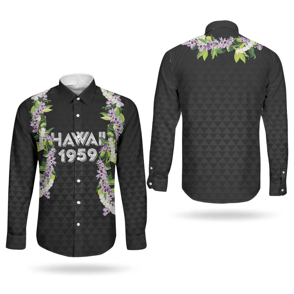 Hawaii Statehood Day Couples Matching Off The Shoulder Long Sleeve Dress and Long Sleeve Button Shirt Kakau Pattern With Maile Pikake Honohono Lei
