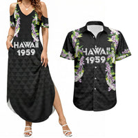 Hawaii Statehood Day Couples Matching Summer Maxi Dress and Hawaiian Shirt Kakau Pattern With Maile Pikake Honohono Lei