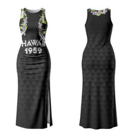 Hawaii Statehood Day Couples Matching Tank Maxi Dress and Long Sleeve Button Shirt Kakau Pattern With Maile Pikake Honohono Lei