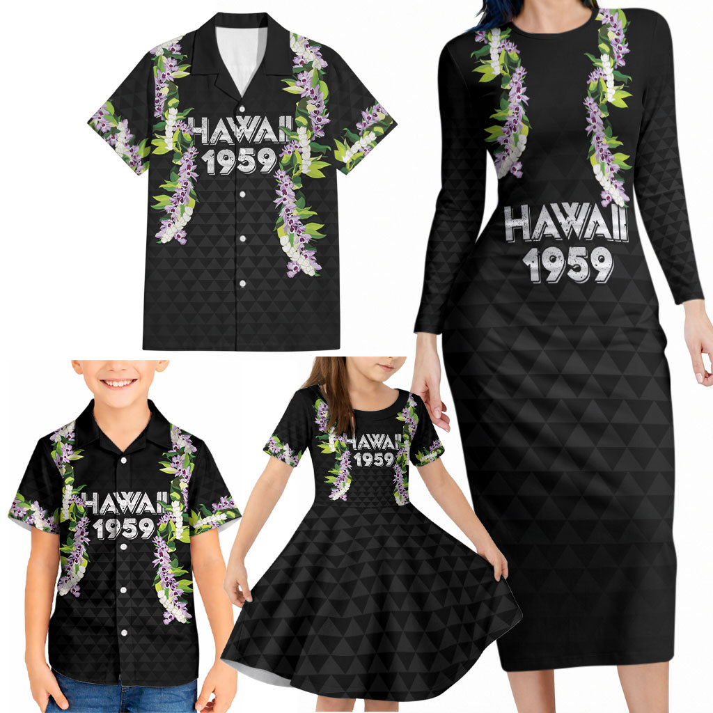 Hawaii Statehood Day Family Matching Long Sleeve Bodycon Dress and Hawaiian Shirt Kakau Pattern With Maile Pikake Honohono Lei