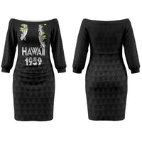Hawaii Statehood Day Family Matching Off The Shoulder Long Sleeve Dress and Hawaiian Shirt Kakau Pattern With Maile Pikake Honohono Lei