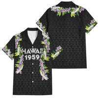 Hawaii Statehood Day Family Matching Off The Shoulder Long Sleeve Dress and Hawaiian Shirt Kakau Pattern With Maile Pikake Honohono Lei