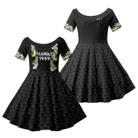 Hawaii Statehood Day Family Matching Off The Shoulder Long Sleeve Dress and Hawaiian Shirt Kakau Pattern With Maile Pikake Honohono Lei