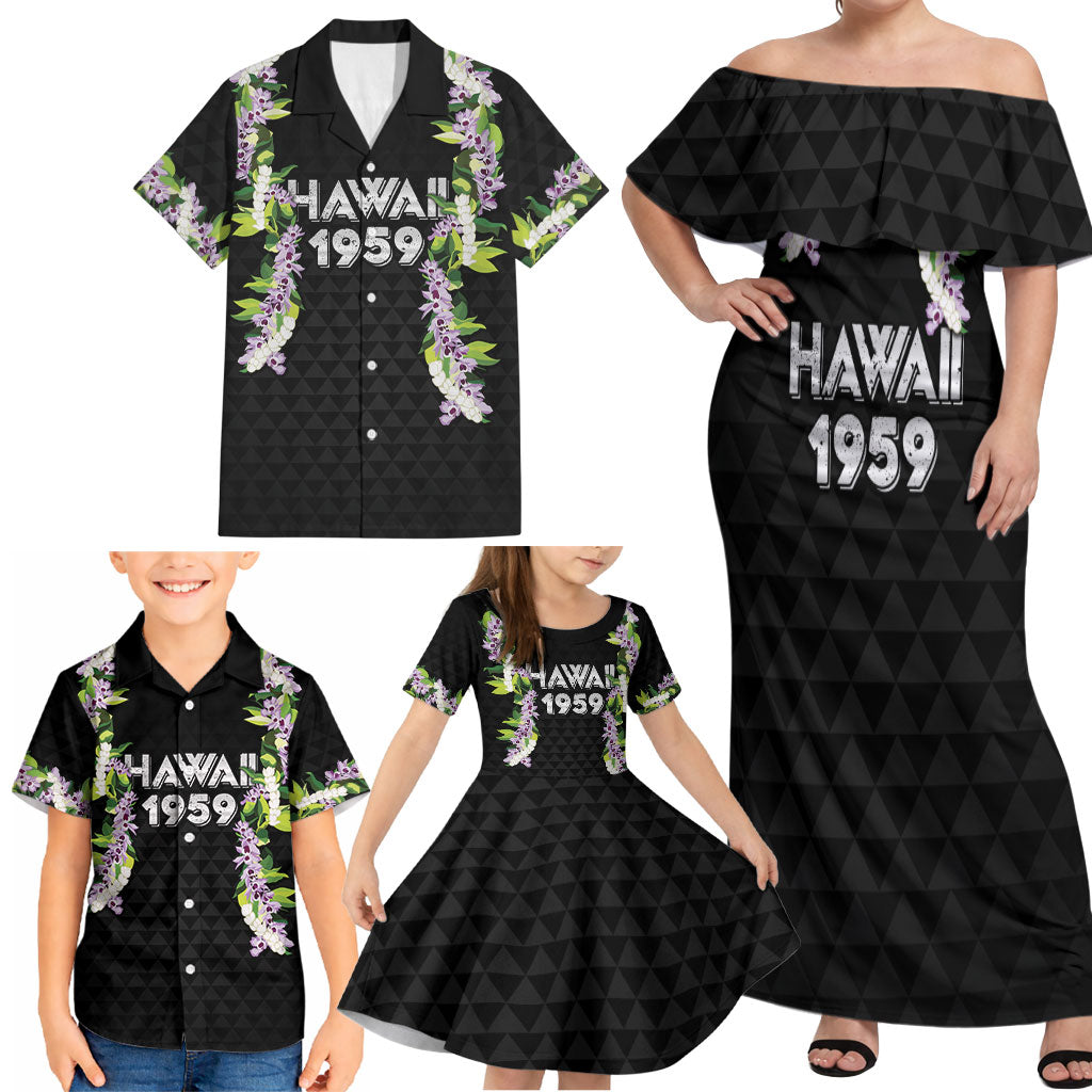 Hawaii Statehood Day Family Matching Off Shoulder Maxi Dress and Hawaiian Shirt Kakau Pattern With Maile Pikake Honohono Lei