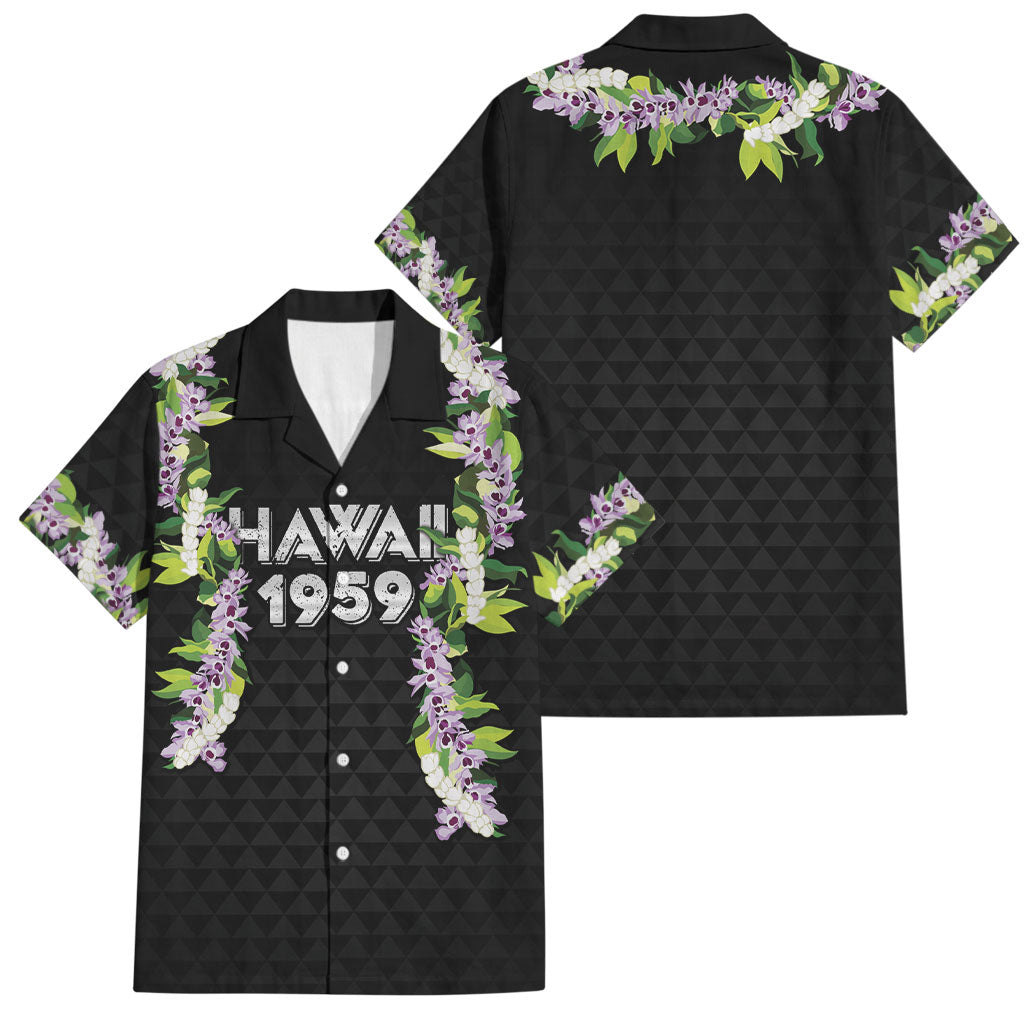 Hawaii Statehood Day Family Matching Off Shoulder Short Dress and Hawaiian Shirt Kakau Pattern With Maile Pikake Honohono Lei