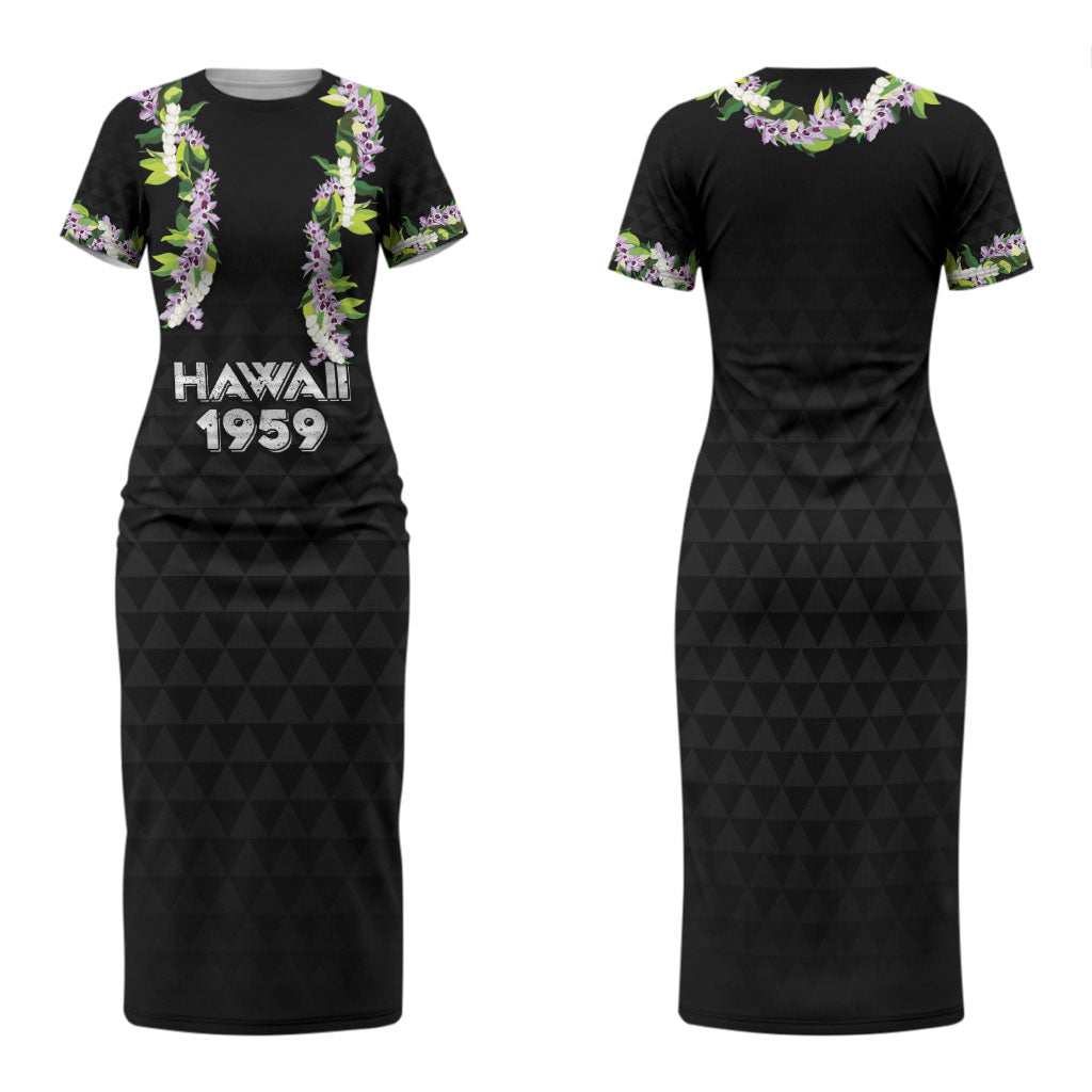 Hawaii Statehood Day Family Matching Short Sleeve Bodycon Dress and Hawaiian Shirt Kakau Pattern With Maile Pikake Honohono Lei
